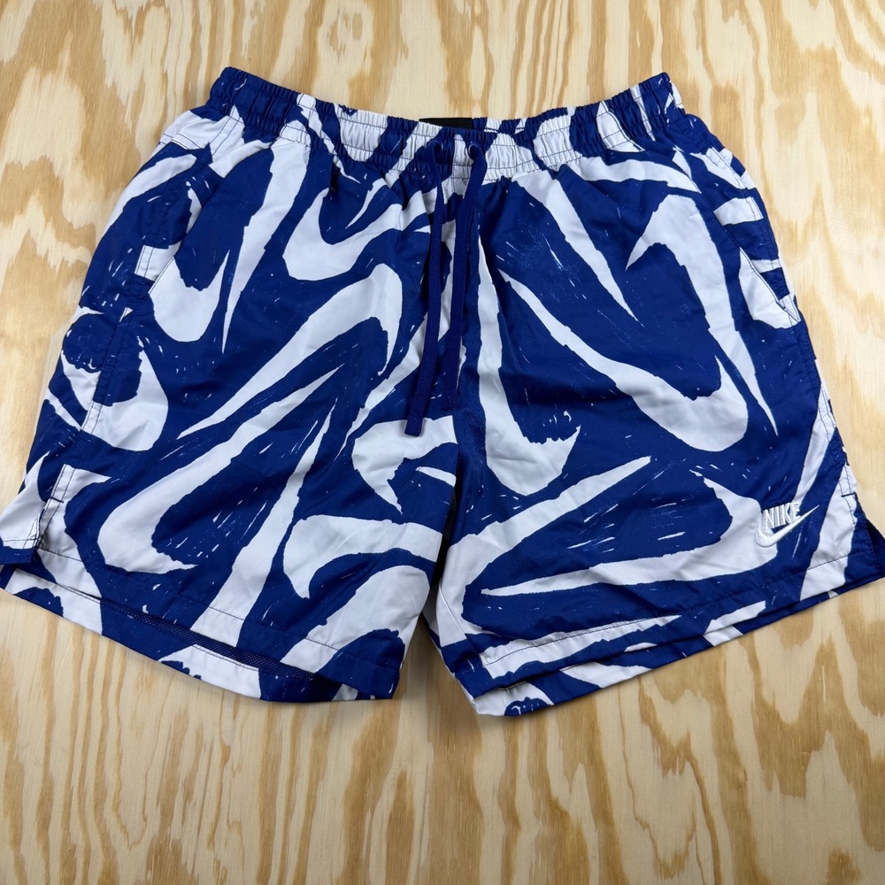 Nike Mens Blue White Swoosh Print Swim Trunks Mesh Lined Shorts Size M